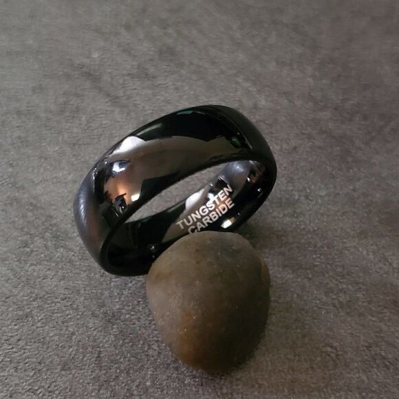 Engraved Mens Real Black Tungsten Wedding Band Dome Design Durable Black Coating - Picture 10 of 12